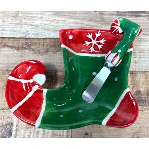Christmas Elf Boot Shaped Ceramic Serving Dish With Spreader Knife